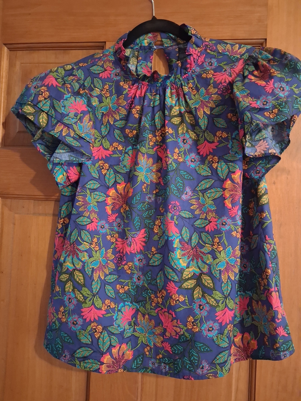 Floral Ruffle-Sleeve Top - Blue - Picture 1 of 3